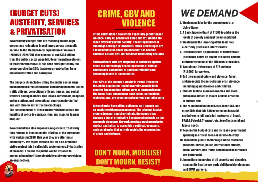 End uncoordinated and disjointed protest actions and unite behind common demands!
#NationalShutdown 
<a href="/_cosatu/">@COSATU Today</a> <a href="/FEDUSAMedia/">FEDUSA</a>