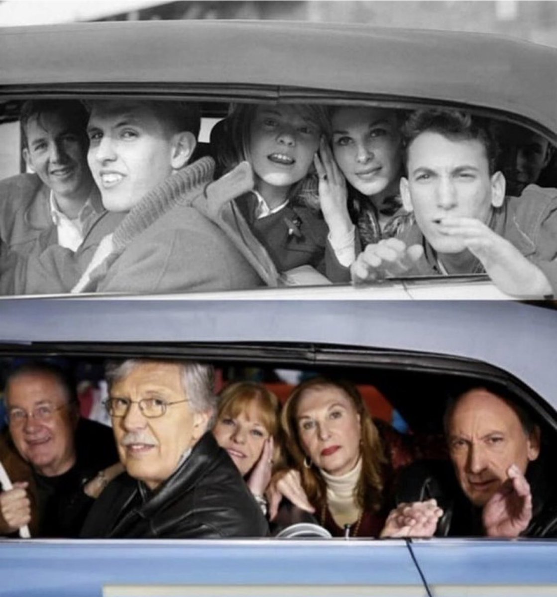 BrianRoemmele's tweet photo. In 1964 Ringo Starr snapped a photo of high school students who skipped class to see the Beatles during their first trip to the US. The group had no idea the photo existed until Ringo published his book of photos. Nearly 50 years later, the group reunited and recreated the photo. https://t.co/dDcrqoKKCF