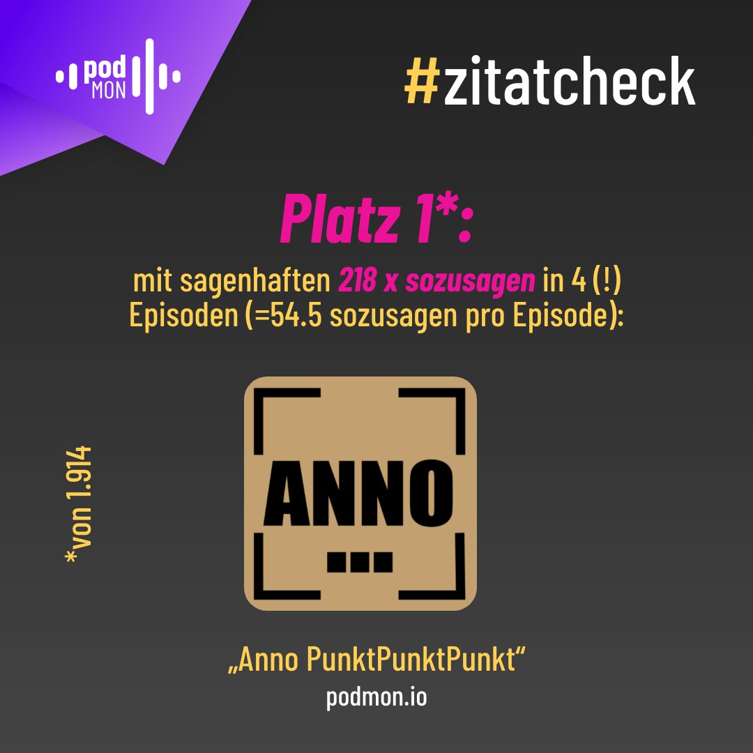 _PodMon_'s tweet photo. 35.663 Mal "SOZUSAGEN"! 🤯😂 
@gloeckler von @Lollipod_de bzw. @Doppelgaengerio  findet, wir haben sozusagen alle die Kontrolle verloren! 🤪 Daraufhin haben wir euch Füllwort-Junkies mal analysiert...
📊 1.914 #Podcasts mit 40.028 Episoden zwischen 01.05.- 31.07.22 https://t.co/mMClqjGIVa