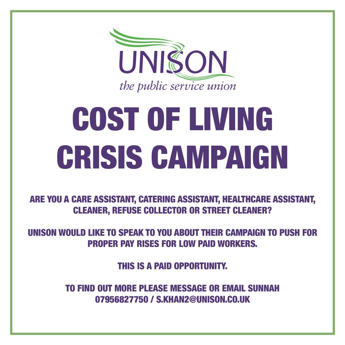 PAID OPPORTUNITY Please DM us or email skhan2@unison.co.uk by Monday 15 August if you are a Paramedic, HCA, Catering Assistant or Cleaner and what to hear more.
