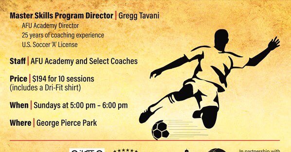 Join the AFU Master Skills Program (MSP) for
U8-U14 Boys and Girls Academy &amp; Select players to improve your game and it is led by Academy Director Gregg Tavani. ⚽️💯 #weareafu