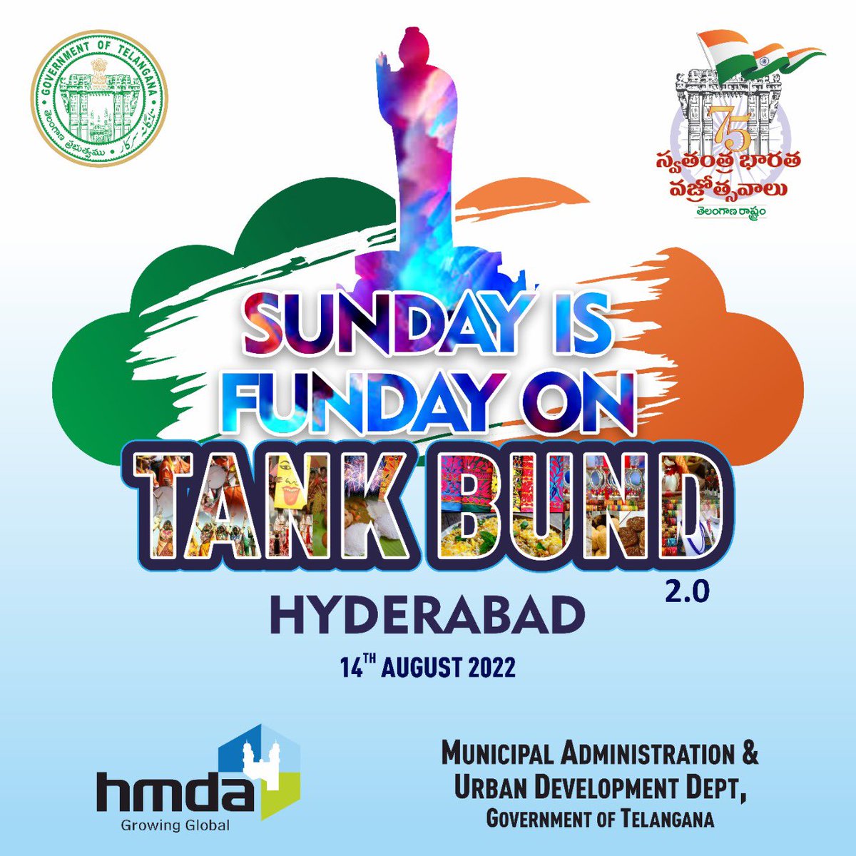 As part of #SwatantraBharathaVajrotsavalu, Sunday-Funday is back on Tank Bund on 14th Aug.
Traffic free from 4pm onwards, varieties of food and shopping stalls and spectacular fireworks show.
<a href="/arvindkumar_ias/">Arvind Kumar</a> 
#SundayFunday