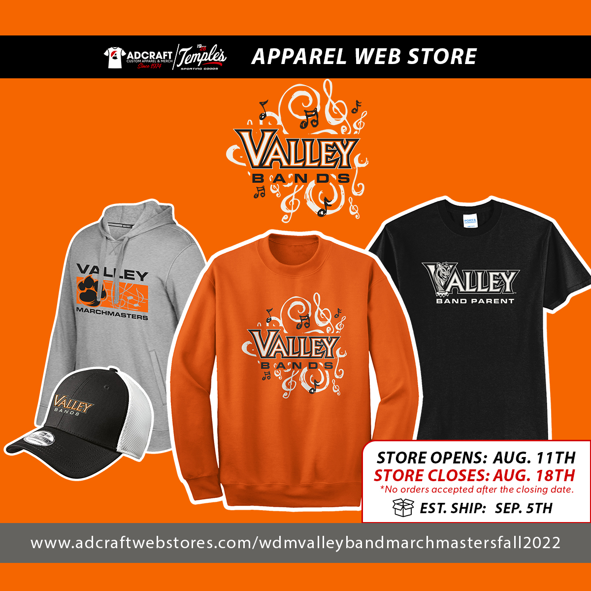 valleybands's tweet photo. The Valley Band Boosters Fall Apparel Fundraiser is open now through August 18th!  There are a lot of items to choose from to show your Valley Band pride - so don't delay!  
Click here for all your Valley Band apparel: 
https://t.co/t32ZgIy73V https://t.co/jhoU1TBeJ5