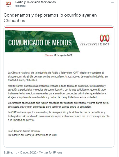 asilascosasw's tweet photo. La @cirtmx condena el ataque ocurrido ayer en Ciudad Juárez, Chihuahua contra trabajadores de esta industria https://t.co/i768JAq0jV