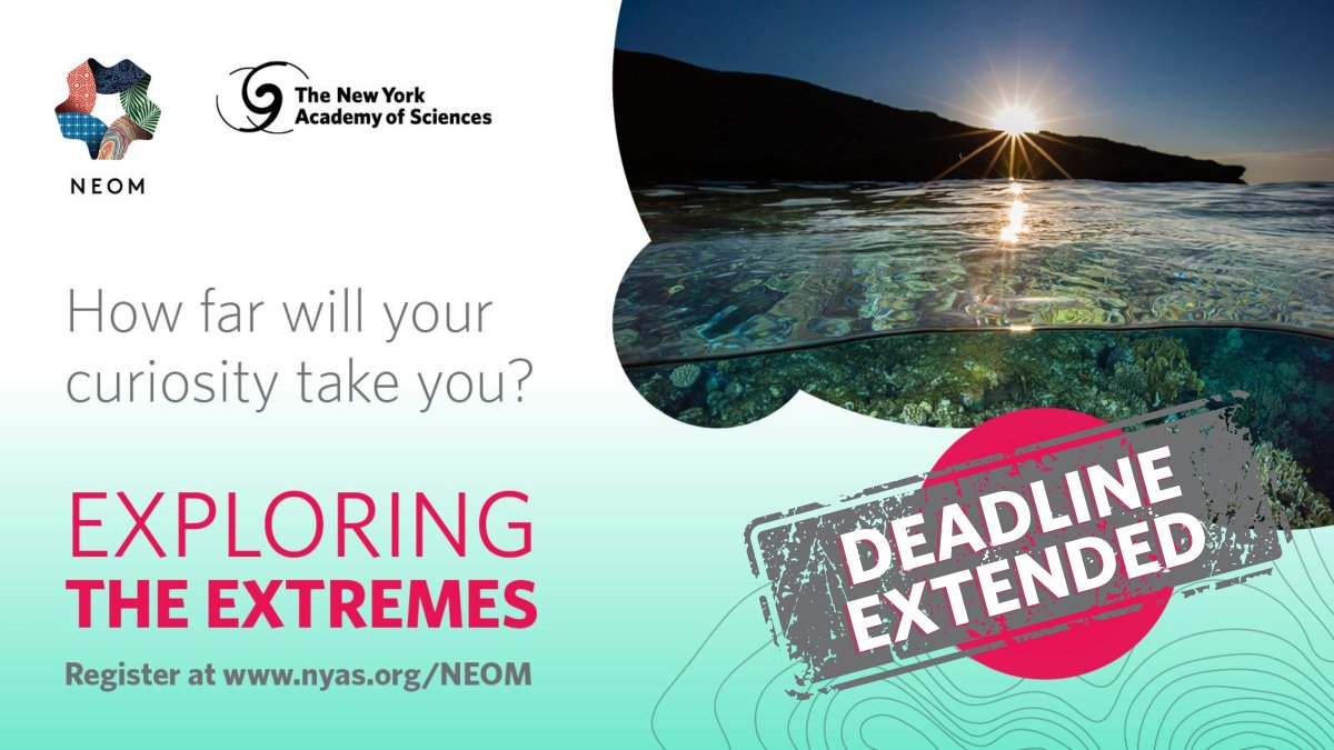 NYASciences's tweet image. DEADLINE EXTENDED! Students interested in joining the upcoming &quot;Exploring the Extremes&quot; innovative challenge have an extra week to join. Applications are due by by August 19th to work with students around the world. #explorersmindset
bit.nyas.org/3IT8WlT @NEOM