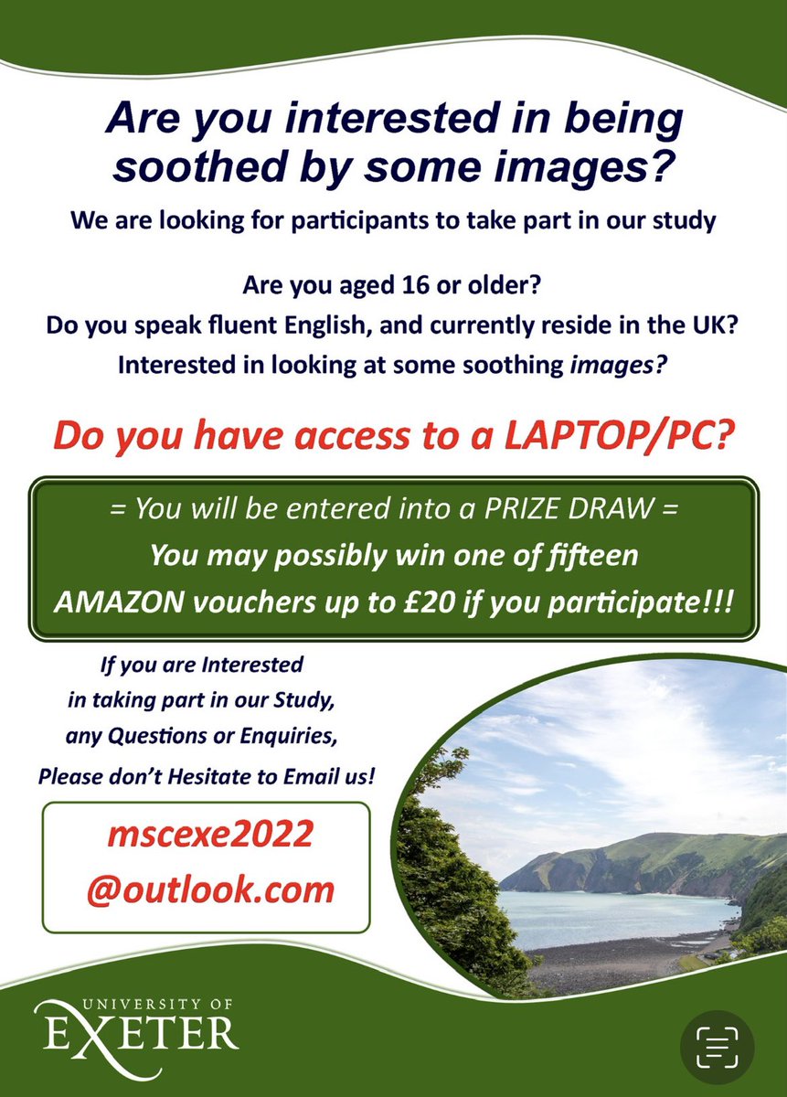 CAN Clinic & Research Group (@canexeter) on Twitter photo In collaboration with <a href="/StellaWYChan/">Stella Chan</a> <a href="/ProjectSoothe/">Project Soothe</a> <a href="/rowannature/">Rowantree</a> we are inviting people aged 16+ years to help us to find out if viewing soothing nature images helps wellbeing more than viewing soothing urban images. Interested in taking part? Email us: mscexe2022@outlook.com In collaboration with <a href="/StellaWYChan/">Stella Chan</a> <a href="/ProjectSoothe/">Project Soothe</a> <a href="/rowannature/">Rowantree</a> we are inviting people aged 16+ years to help us to find out if viewing soothing nature images helps wellbeing more than viewing soothing urban images. Interested in taking part? Email us: mscexe2022@outlook.com