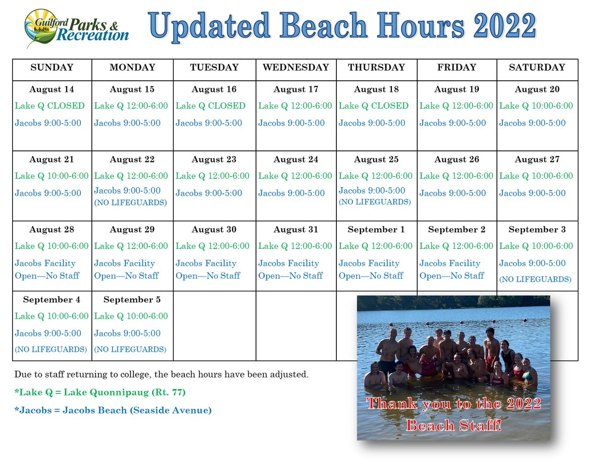 TownGuilford's tweet photo. Due to beach staff returning to college and family commitments, the Parks and Recreation Department staff have had to make adjustments to the beach schedule. https://t.co/68DlIVVFnd