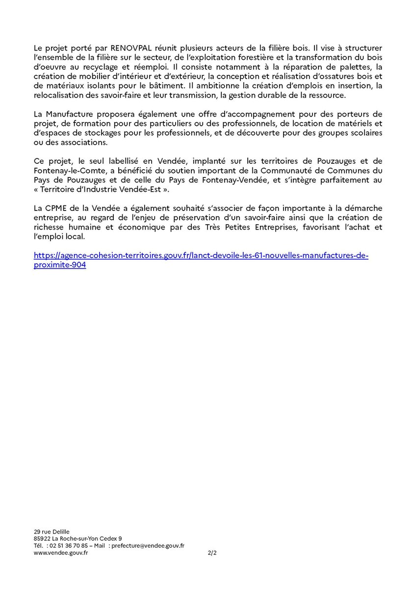 #FranceRelance Manufactures de proximité: le projet porté par l'entreprise d'insertion RENOVPAL labellisé en #Vendee 
➡️ Retrouvez le communiqué de presse vendee.gouv.fr/IMG/pdf/cp_pla…