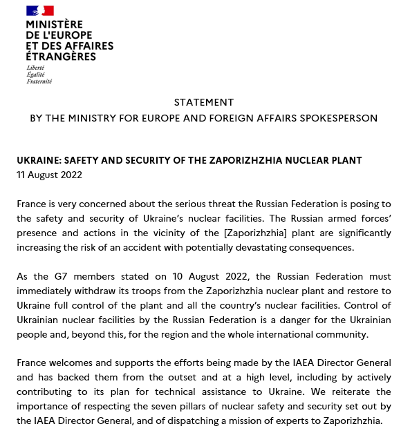 francediplo_EN's tweet photo. France is very concerned about the serious threat the Russian Federation is posing to the safety and security of Ukraine’s nuclear facilities. 

@iaeaorg https://t.co/AsCSnDEA09
