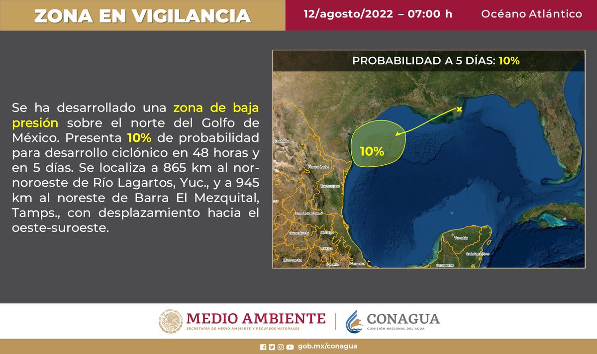 ⚠️ZONA EN VIGILANCIA
Se ha desarrollado una zona de baja presión sobre el norte del Golfo de México. Presenta 10% de probabilidad para desarrollo ciclónico en 48hrs y en 5días. Se localiza a 865km al noroeste de Río Lagartos Yucatán, y a 945 km al noreste de Barra El Mezquital.⬇️