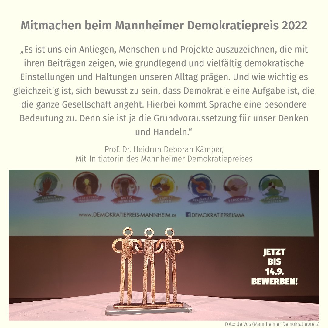Sie engagieren sich für demokratische Themen &amp; Werte? Dann bewerben Sie sich bis zum 14.9. für den #Mannheimer #Demokratiepreis: demokratiepreis-mannheim.de/deine-bewerbun…. Wir freuen uns insbesondere, dass der <a href="/online_MM/">Mannheimer Morgen</a> den Sonderpreis, der herausragende sprachliche Beiträge würdigt, mitauslobt.