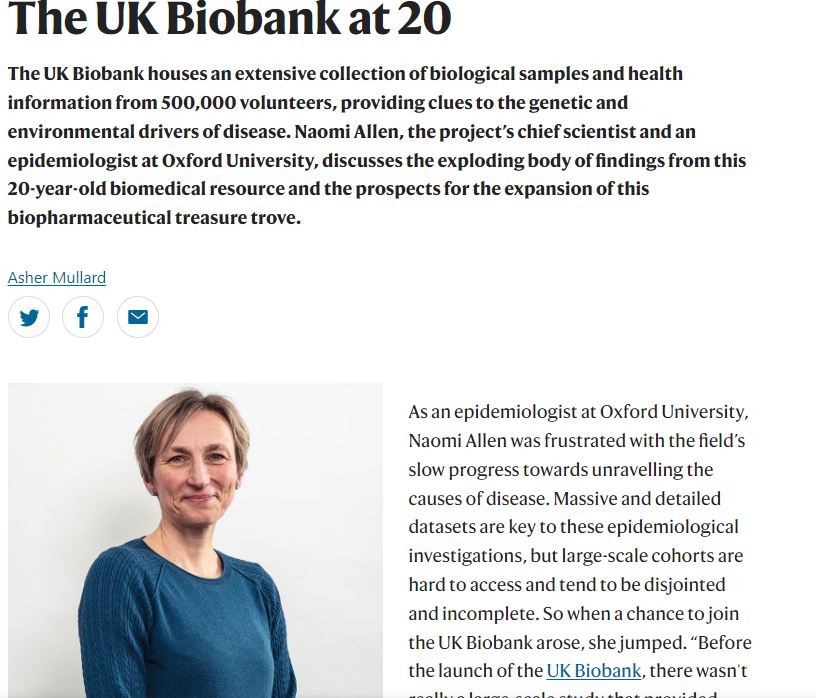 Nature Reviews Drug Discovery (@natrevdrugdisc) on Twitter photo The UK Biobank at 20 go.nature.com/3zPqETf
Naomi Allen, chief scientist of <a href="/uk_biobank/">UK Biobank</a>, which houses a collection of biological samples and health information from 500,000 volunteers, discusses the exploding body of findings on genetic drivers of disease from this resource The UK Biobank at 20 go.nature.com/3zPqETf
Naomi Allen, chief scientist of <a href="/uk_biobank/">UK Biobank</a>, which houses a collection of biological samples and health information from 500,000 volunteers, discusses the exploding body of findings on genetic drivers of disease from this resource