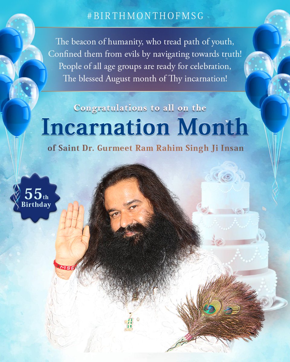 insanshobha's tweet photo. We got salvation from the grip of past karmas and all worries with Thy incarnation. #AuspiciousAugust is truly sacred🙏 that brought our beloved Satguru, St. Dr. @Gurmeetramrahim Singh Ji Insan and made us super-fortunate &amp; blessed. Greetings on the arrival🎉 of #BirthMonthOfMSG https://t.co/YGU0RGVZpk
