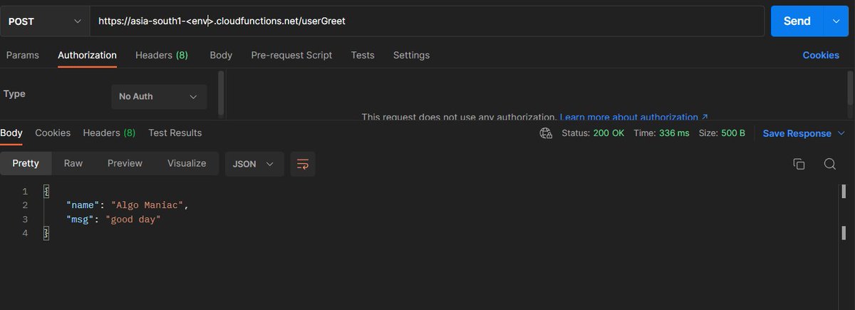 ManiacAlgo's tweet image. Rest is simplified by cloudFunction.Send trough your client and get the response with less configuration 😎.
#CloudFunction #gcp #Backend #gcloud #NodeJS #Serverless
#javascript #function
#googlecloud #GCP #function