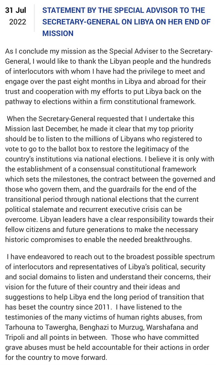 SASGonLibya's tweet image. بيان حول انتهاء مهمتي كمستشارة خاصة للأمين العام بشأن ليبيا: cutt.ly/1ZblY0J
