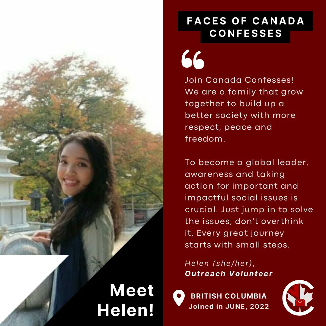 ConfessesCanada's tweet photo. Meet one of the many Faces of Canada Confesses: Helen! Helen is one of our Outreach Volunteers and has been volunteering with us since June 2022.
#CanadaConfesses #Canada #BC #BritishColumbia #Volunteer #SocialJustice #GetInvolved #Volunteering #VolunteerCanada #Activism https://t.co/xYq1h141bA