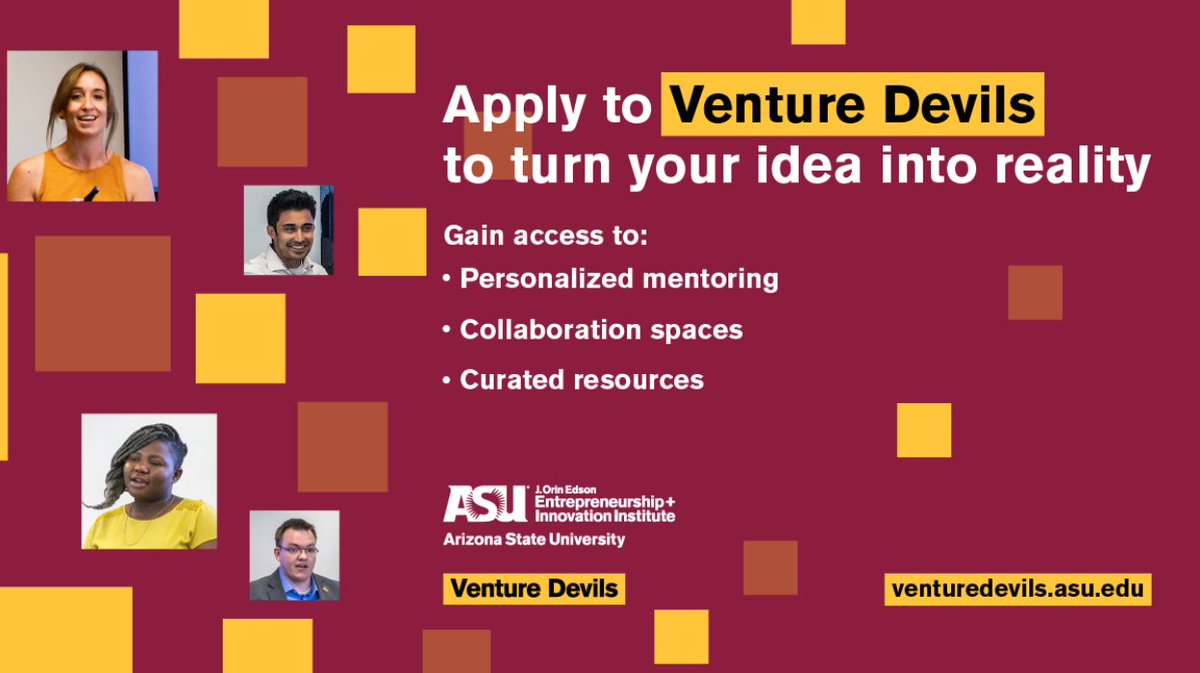 EntrepreneurASU's tweet photo. Have an idea but not sure how to make it a reality? Apply for Venture Devils by May 15, 2022 & get 1:1 mentoring from experts who have been where you want to go.
https://t.co/XEgmfh6F3Q #Entrepreneurship #Innovation #VentureDevils https://t.co/ZQUYZjUUTS