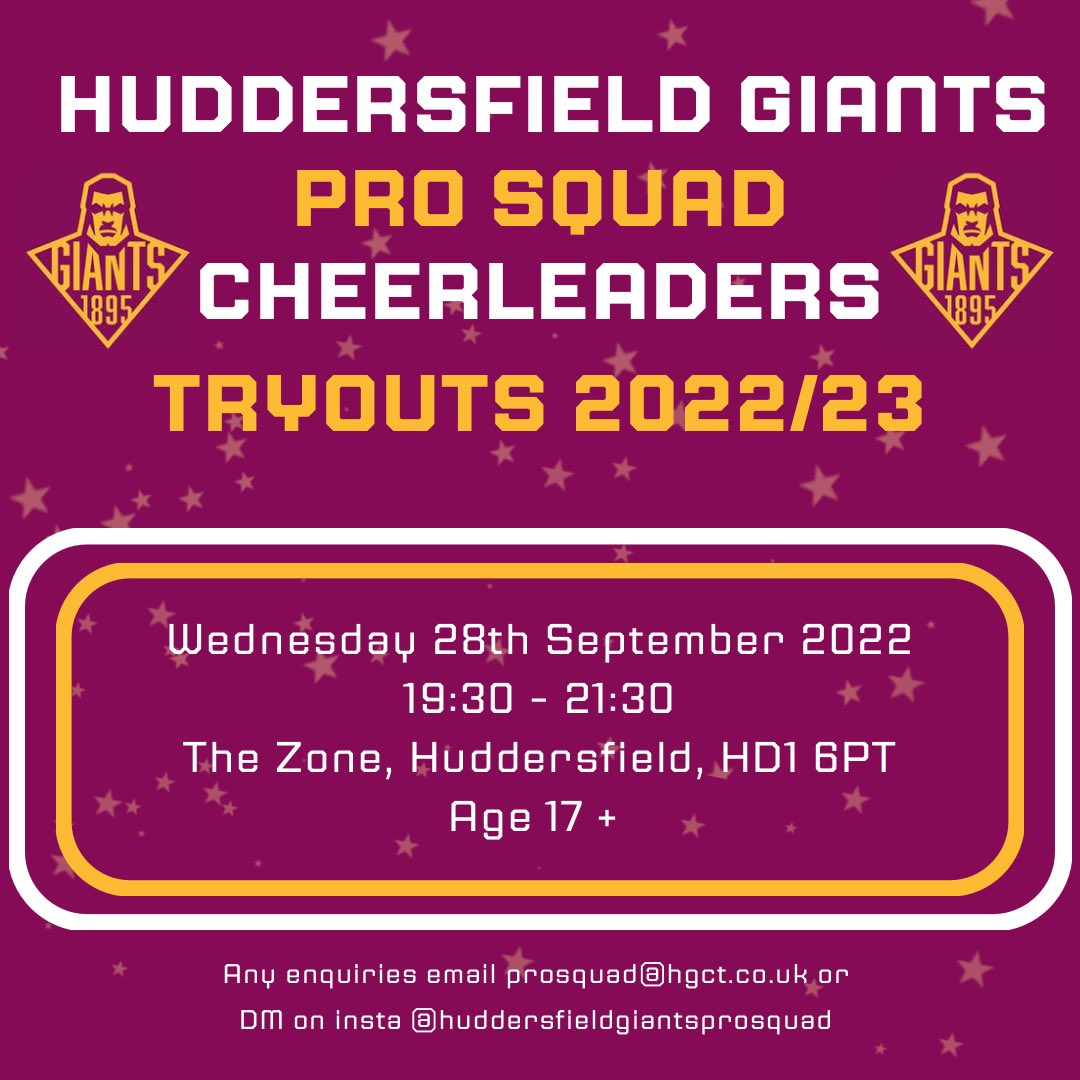 **AUDITIONS FOR THE 2022/23 SEASON**
We are excited to announce that the date for auditions has been released! Please see post for details!
All abilities welcome.
We look forward to seeing as many of you there as possible❤️❤️

DM with any enquiries😊
<a href="/Giantsrl/">Huddersfield Giants 🐮🔔</a> <a href="/GiantsCT/">Huddersfield Giants Community Trust</a>
