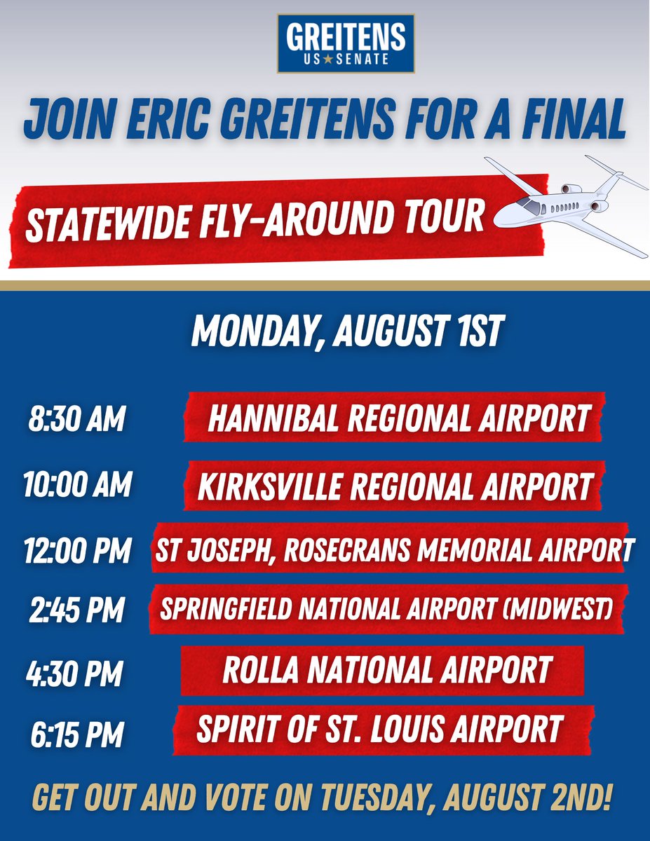EricGreitens's tweet image. I hope you’ll join us TOMORROW for our final trip around the state before Election Day! #MOSEN