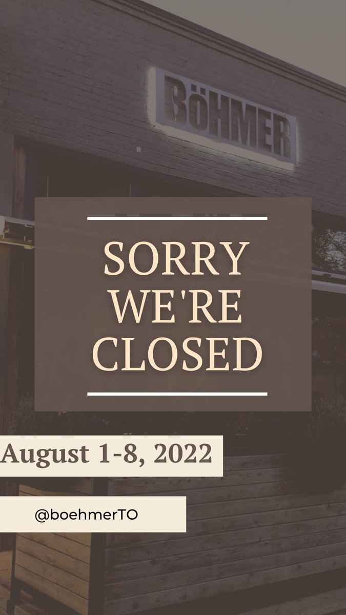 Hello Toronto!

We will be closed from August 1-8 to give our team some well deserved rest and we are also doing some minor renovations.

We apologize for the inconvenience and hope to see you on August 9th when we come back! 

#boehmerto #toronto