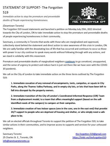 Thank you to Sanctuary Toronto for lending their voices in support of the @Forgotten519 in @CityofLdnOnt #ldnont We are overwhelmed with the solidarity and support