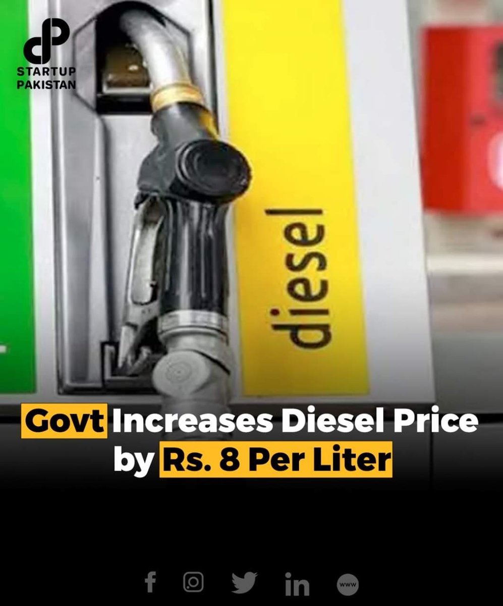 PakStartup's tweet photo. The government Increases the price of Diesel by Rs. 8 per liter. #PetrolDieselPriceHike #dieselflyinghigh https://t.co/G6bJ5iX1Wk