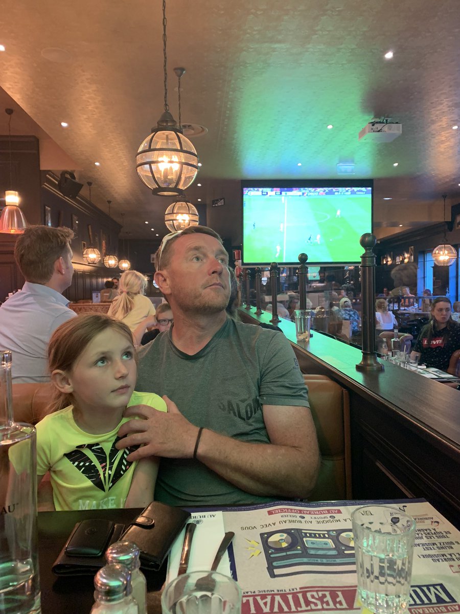 lucyhailey's tweet photo. In an English style pub in France watching the Women’s Euro football final on the big screen. My daughter doesn’t realise there is anything novel about it! Bravo! #womensfootball #womenssport #goenglandwomen https://t.co/MzFCHm8WYL