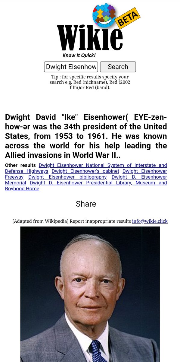 WikieDotClick's tweet image. Wikie: Dwight Eisenhower - English wikie.click/en/?topic=Dwig…
#KnowItQuick #WikieDotClick @TheCVN69 @DEisenhower34 @JoLynchILIA @PrezWisdom @apmassaro3 @MichaelZucker1