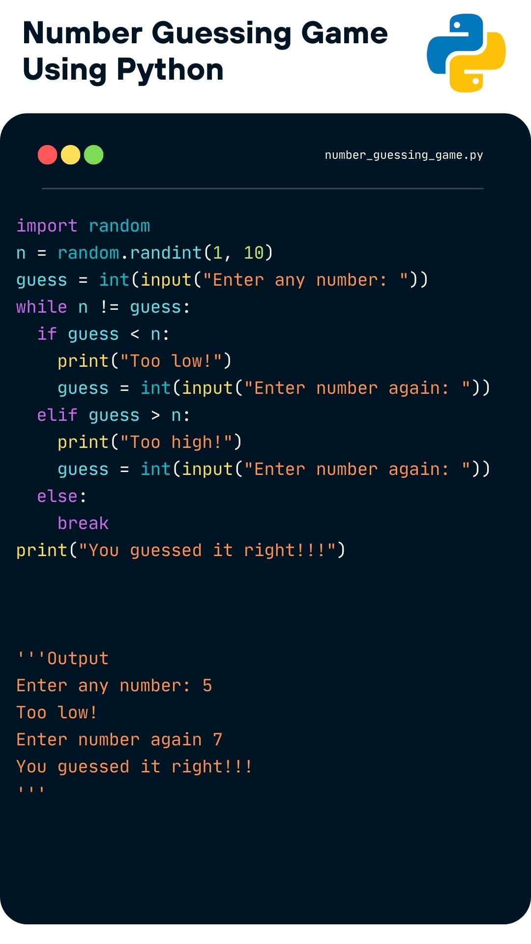 Parag Agrawal on X: How to Make Number Guessing Game Using Python . . . .  . #pythondeveloper #pythonprogramming #python #python3ofcode #programmers  #coder #programming #programminglanguage #softwareengineer #100daysofcode  #programmingisfun #developer