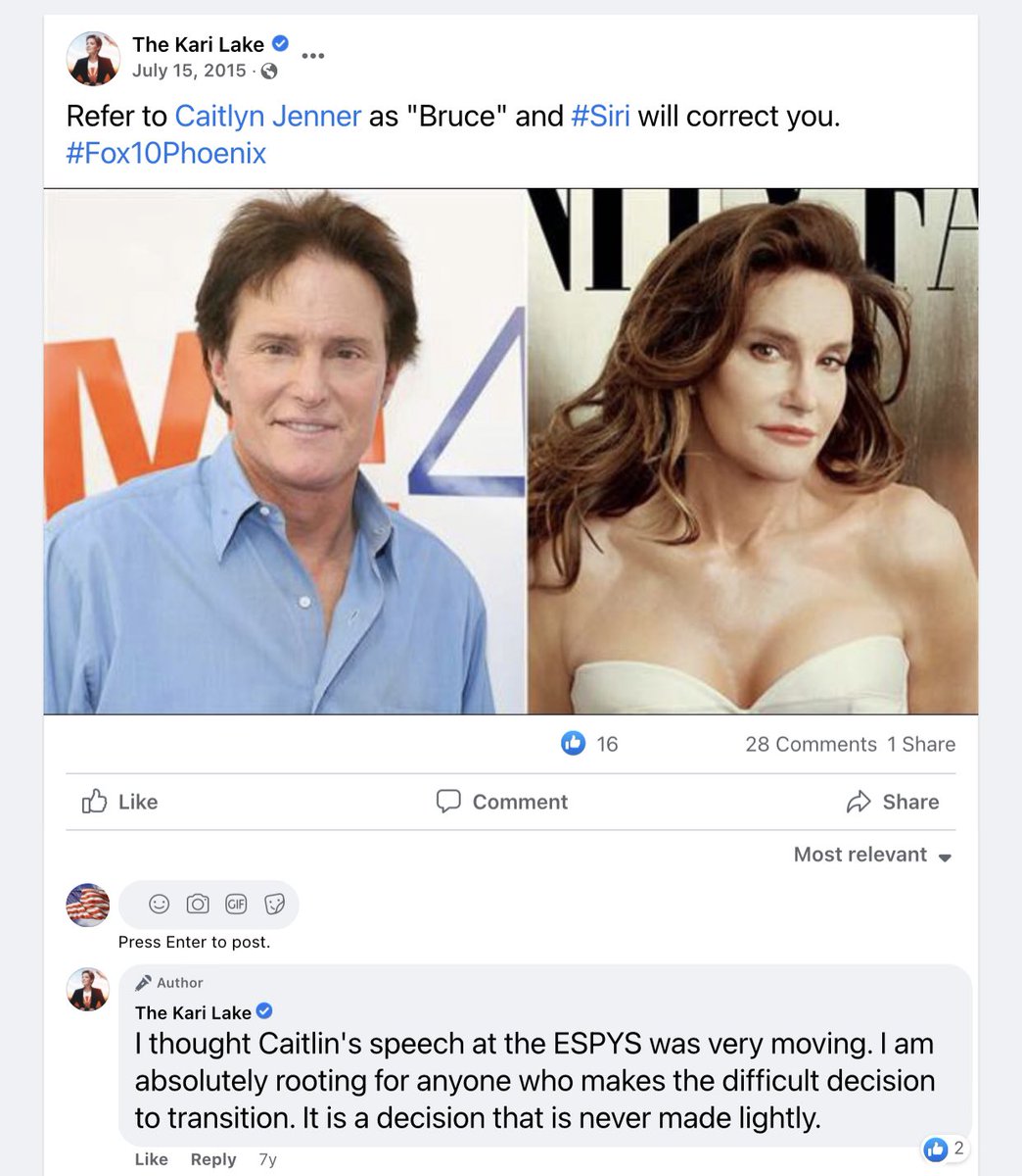 patriottakes's tweet photo. Hypocrisy alert: Kari Lake supported gender transitioning in past Facebook comments.

Lake: “I am absolutely rooting for anyone who makes the difficult decision to transition.”

Lake is currently campaigning against transgender rights. https://t.co/9ZuhMVeBhy