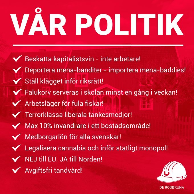 DeRodbruna's tweet photo. Socialdemokraterna inspireras av oss, men 50% är på tok för mesigt.

Vill du se en maxgräns på 10% så ska du rösta på De Rödbruna i höst! https://t.co/z6UfGGRlX5
