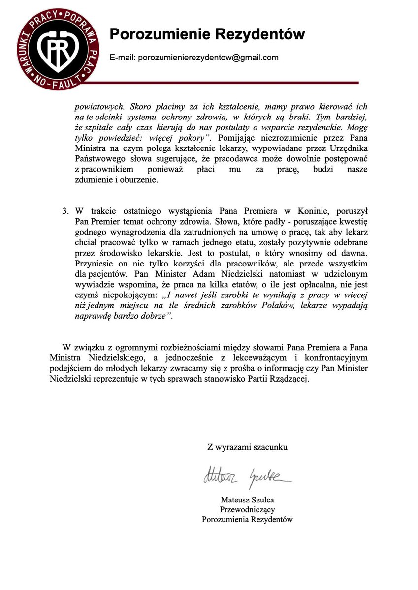 W związku z wywiadem <a href="/a_niedzielski/">Adaś N.</a> uderzającym w środowisko lekarskie, a szczególnie w lekarzy rezydentów, kierujemy list otwarty do Prezesa <a href="/pisorgpl/">Prawo i Sprawiedliwość</a> Jarosława Kaczyńskiego z prośbą o wyjaśnienie słów wypowiedzianych przez P. Min. Adama Niedzielskiego.