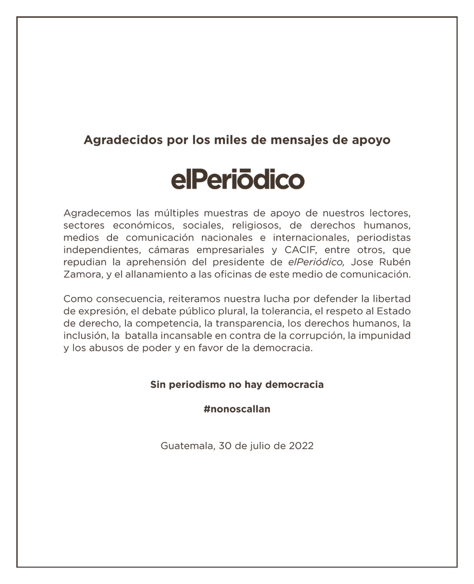 Ante todo, muy agradecidos por todos los mensajes de apoyo enviados. Sentir el enojo colectivo solo nos anima a reiterar nuestro compromiso por construir una mejor Guatemala.