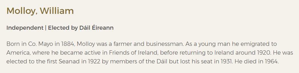 OireachtasNews's tweet photo. As part of our #Seanad100 Centenary we are looking at each member of the First #Seanad

William Molloy was a farmer and businessman. As a young man he emigrated to America, where he became active in Friends of Ireland, before returning to Ireland around 1920. https://t.co/u9c4Jv4Ko3