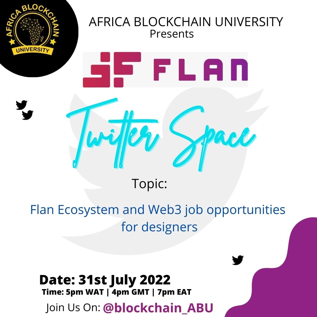 AfricaWeb3_Inst's tweet photo. In two hrs, we will be chatting with the founders of @FlanOnSocial to explore the opportunities they offer designers in the Web3 space. Don't miss out!

@TheCryptoGhana
@Naijadao 
@ariexchange 
@IntoTheVerse_ 
@BlockchainClubU 
@BlockchainOau 
@girls_economic 
@kenyanftclub https://t.co/dcwWOtF38P