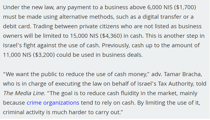 LynAldenContact's tweet photo. Israel is tightening their ban on using physical cash above certain thresholds, including between private citizens.

I think this trend will probably continue to other countries over time. 

https://t.co/8WcmHmfshL https://t.co/k3WQj4jAnb