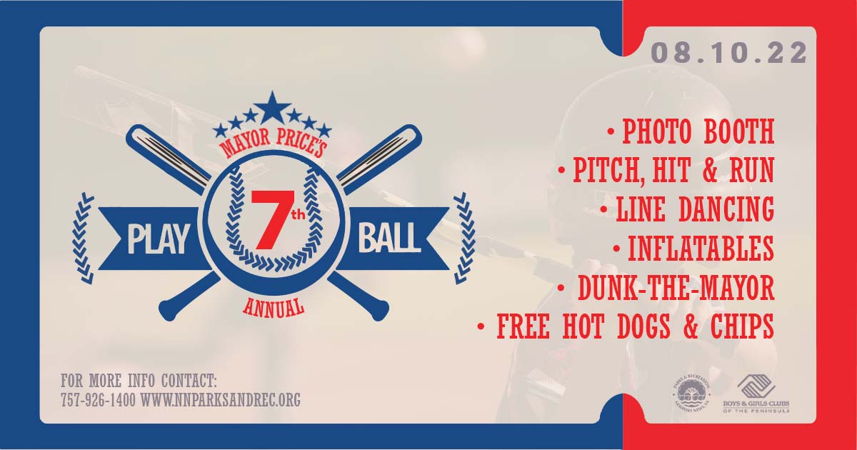 nnfestivals's tweet photo. Join Mayor Price at the 7th ANNUAL PLAY BALL EVENT on Wednesday, August 10 at South Morrison Learning Center from 5 - 8 PM!  Enjoy FREE pitch, hit and run activities, sporting games, a DJ, a photo booth, Kona Ice, NNPD PALS Truck, inflatables, free hot dogs, chips and giveaways! https://t.co/GNgyQ2vaLW