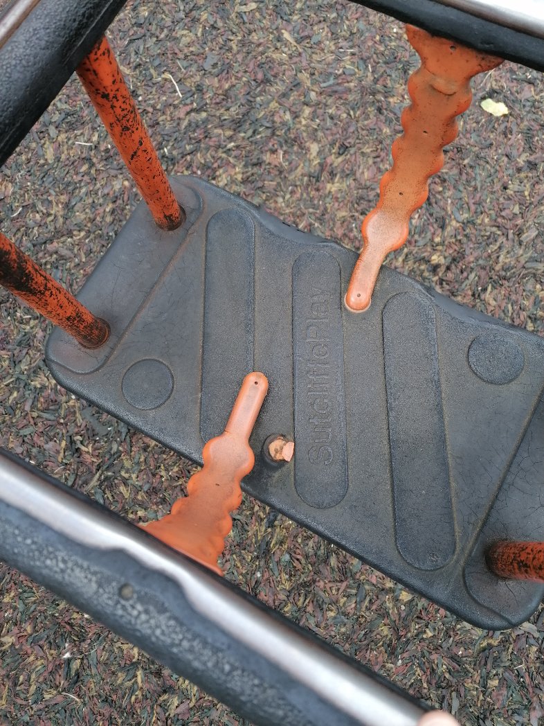 CaroInSpace's tweet photo. @BristolCouncil help, summer holidays and the playground at Horfield Common is falling apart! Swing especially dangerous as not obvious the back part has come away so a baby/small child could fall through and be really hurt https://t.co/bkK711uGcz