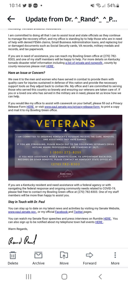 monroe31977's tweet photo. Hey fellow Kentuckians 👋 Rand Paul's newsletter says he supports Ky Veterans, but continues to vote against continuing to care for them.  Check his record on the PACT ACT, then read of this info for veterans at the bottom of his newsletter.  #kentucky #removerand https://t.co/ZtLQkxToN1