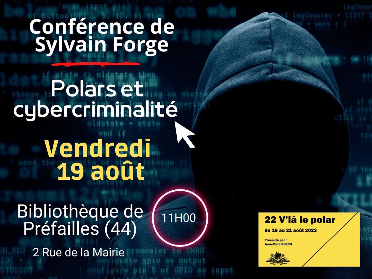 SYLVAINFORGE's tweet photo. Conférence à la médiathèque de #Prefailles a l’occasion du festival 22 v’la le polar du 18 au 21 août à @VilleDePornic #sylvainforge #sara @EditionsFayard https://t.co/KYwZGGmgur