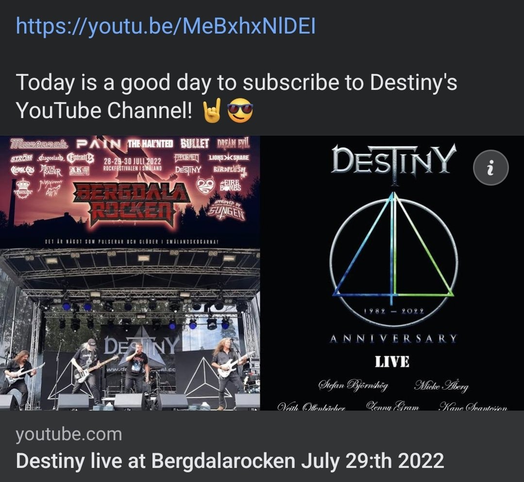 Destinymetal's tweet photo. https://t.co/42XtjiwM4J

Today is a good day to subscribe to Destiny's YouTube Channel! 🤘😎

#HeavyMetal #livemusic #hardrock #destinymetal #SwedishMetal #GothenburgMetal #ProgressiveMetal #DestinySweden #Bergdalarocken #ZennyGram #StefanBjörnshög #MichaelÅberg #VeithOffenbächer https://t.co/6rGRYLuWI8
