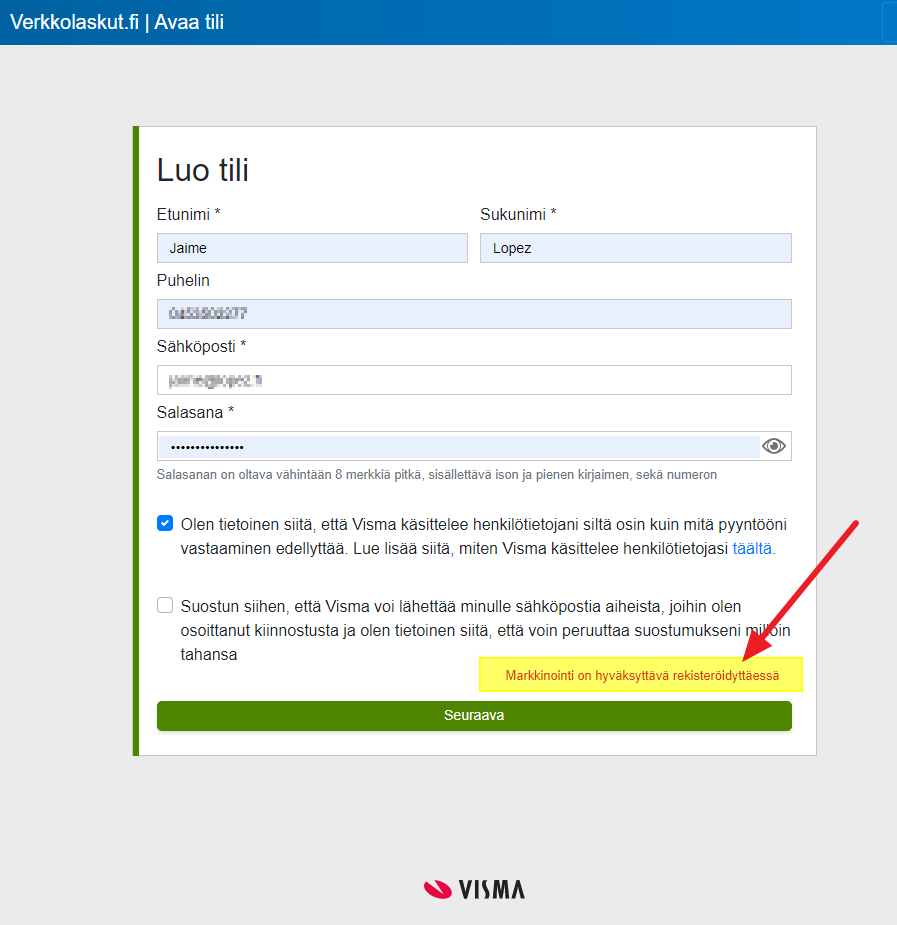 Hey <a href="/visma/">Visma</a> isn't this an extremely flagrant violation of GDPR Article 7? You force users to give marketing consent in order to register for your verkkolaskut.fi service