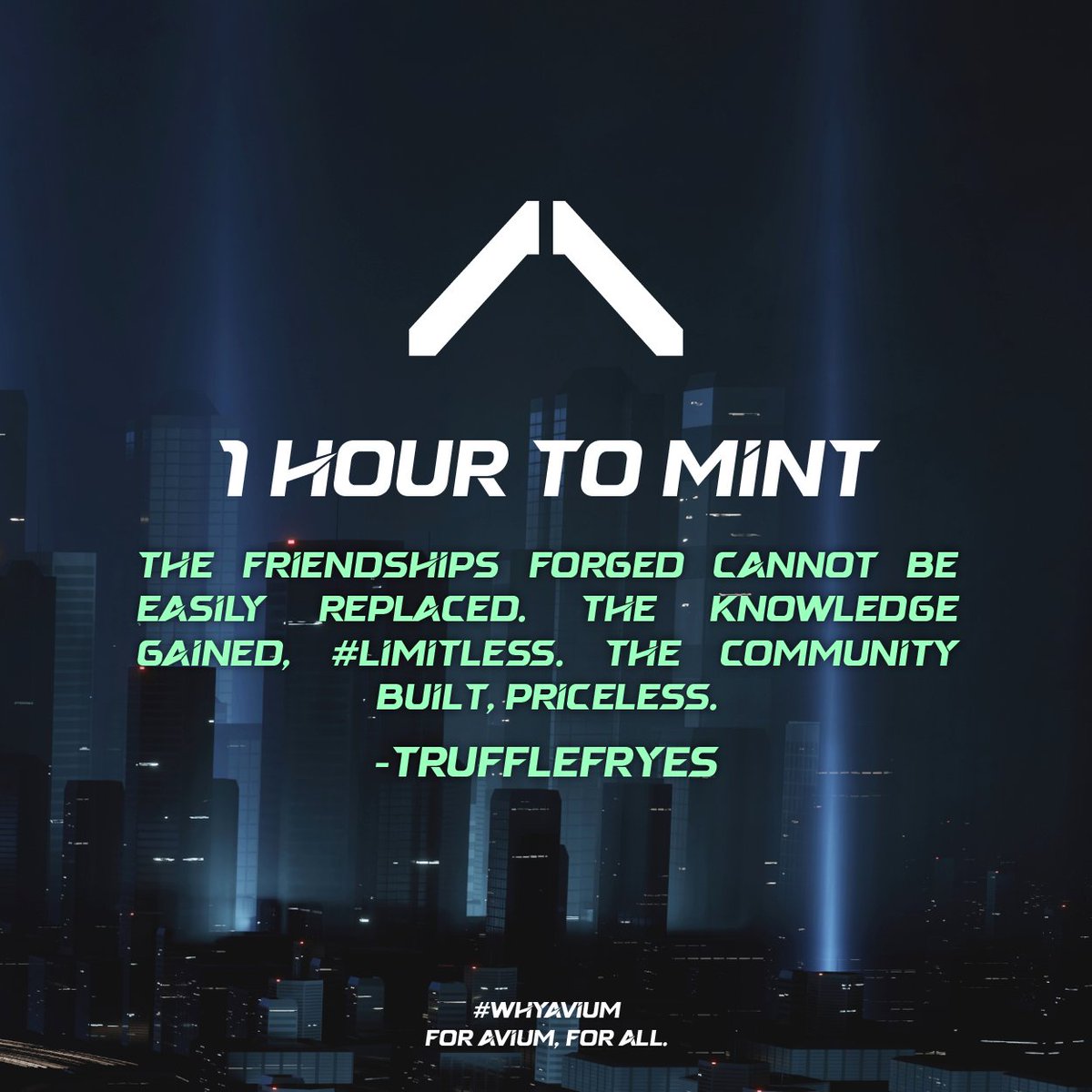 AviumWorld's tweet photo. Be the change you want to see in the world. We are here not just to change 700 people's lives.

Together we can do something wonderful, something HUGE. We are building this ecosystem to change a million.

1 last hour before WL Mint. 
Will you be there for the Discord Voice Call? https://t.co/sFuRLYffx8