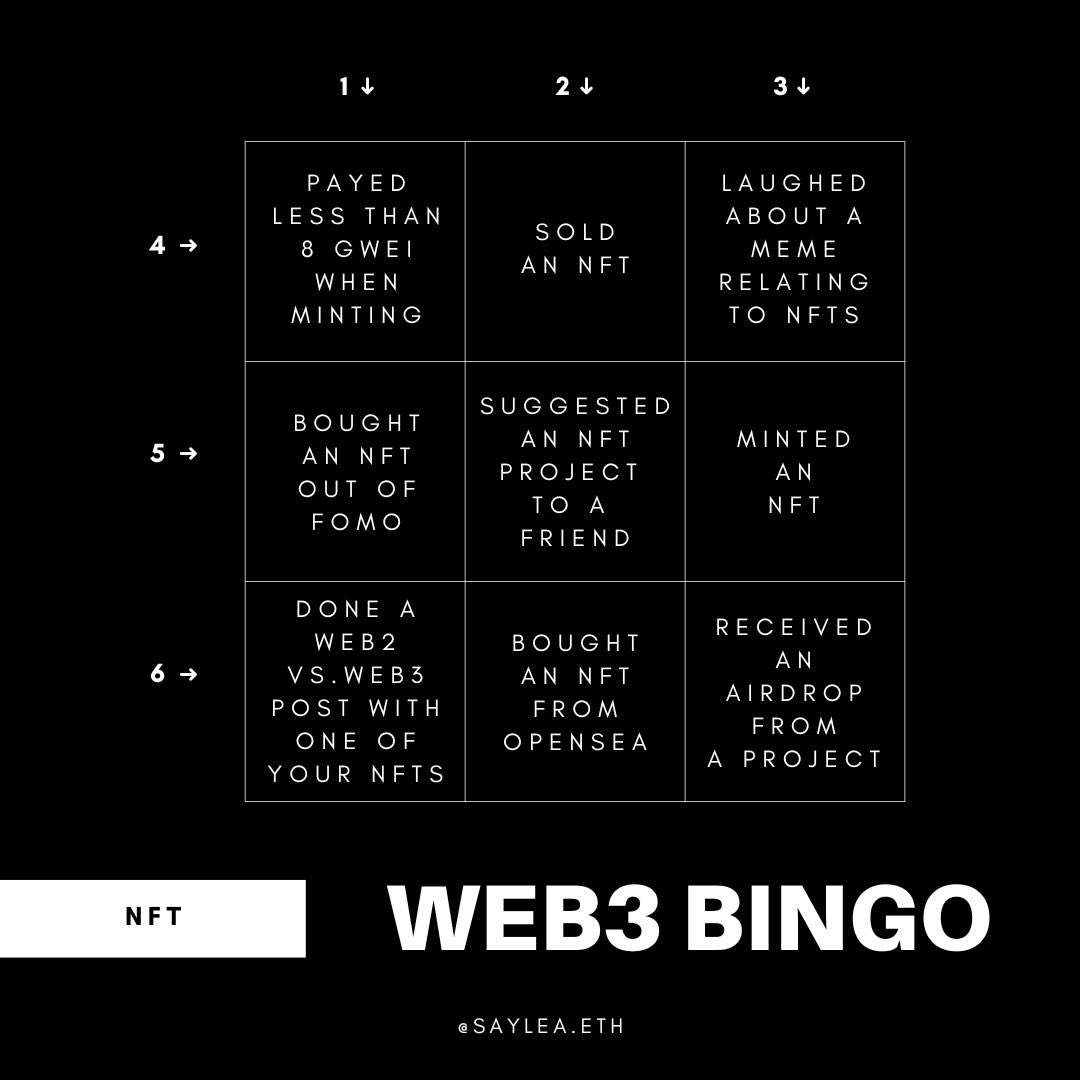 ☑️ Let‘s have some fun and play some Bingo! Can you cover a complete horizontal or vertical line. 🤔 Write the number of the line you completed in the comments or repost the picture with your filled out card. Let’s see who has a BINGO. 😛 #NFTCommmunity 🖤