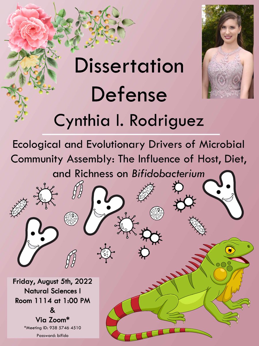 UCI Ecology and Evolutionary Biol (@ucieeb) on Twitter photo Coming this Friday Aug 5: <a href="/cynthiairod/">Cynthia I. Rodriguez</a> will be defending her dissertation "Ecological and evolutionary drivers of microbial community assembly: The influence of host, diet, and richness on Bifidobacterium." 1pm in 1114 Nat Sci 1, or via Zoom! Coming this Friday Aug 5: <a href="/cynthiairod/">Cynthia I. Rodriguez</a> will be defending her dissertation "Ecological and evolutionary drivers of microbial community assembly: The influence of host, diet, and richness on Bifidobacterium." 1pm in 1114 Nat Sci 1, or via Zoom!