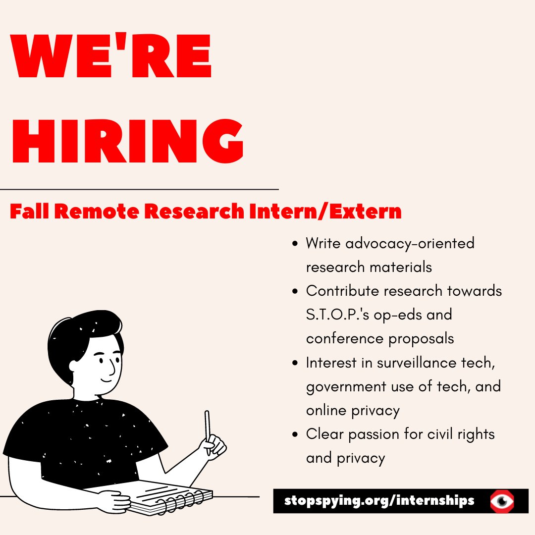 STOPSpyingNY's tweet photo. S.T.O.P.'s Fall Research Internship is an amazing opportunity to sharpen your writing/research skills and join the fight against police surveillance. Learn more and apply today:  https://t.co/pUOchKQXy1 https://t.co/s4luuWiROf