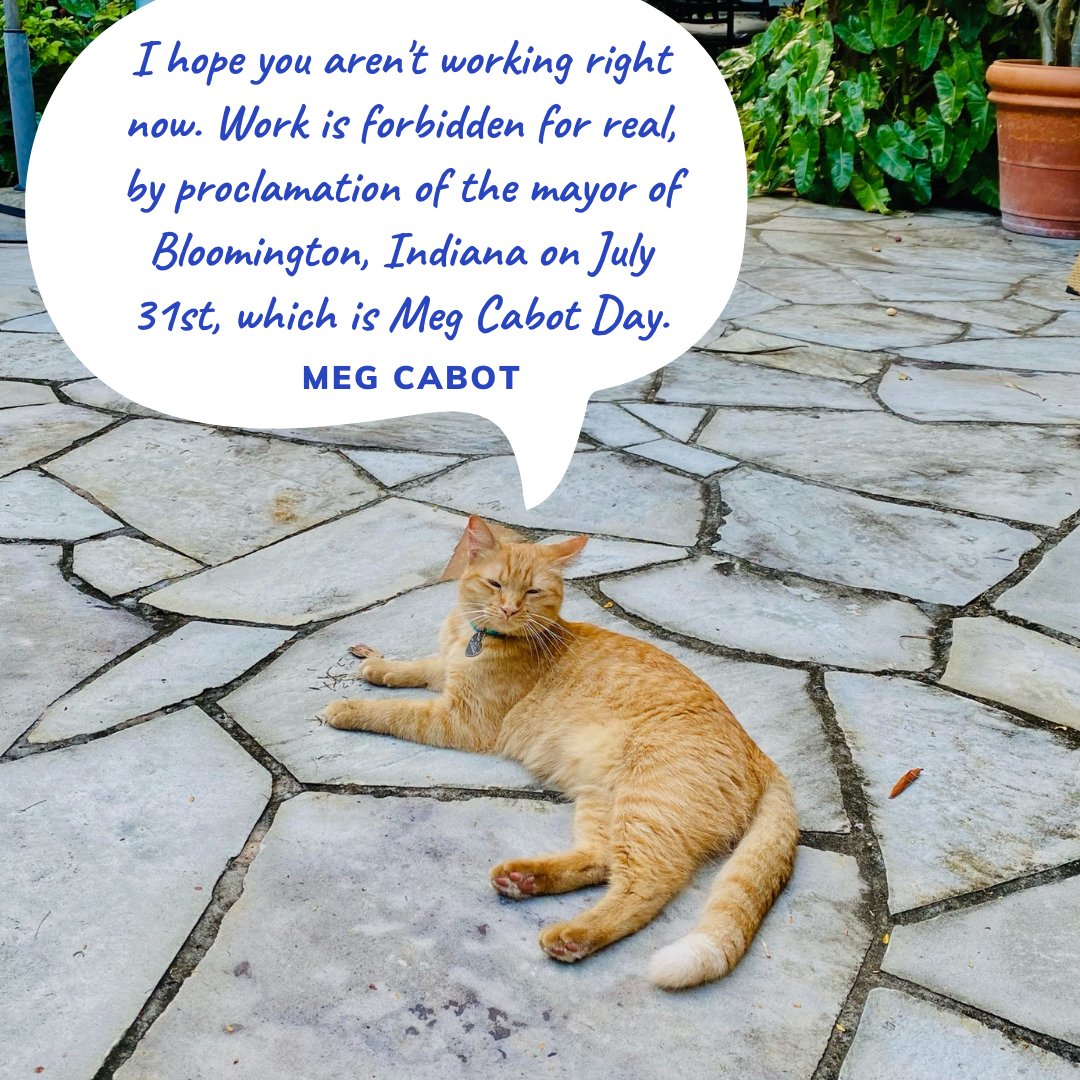 I hope you aren't working right now. Work is forbidden for real, by proclamation of the mayor of Bloomington, Indiana on July 31st, which is Meg Cabot Day. #MegCabotDay