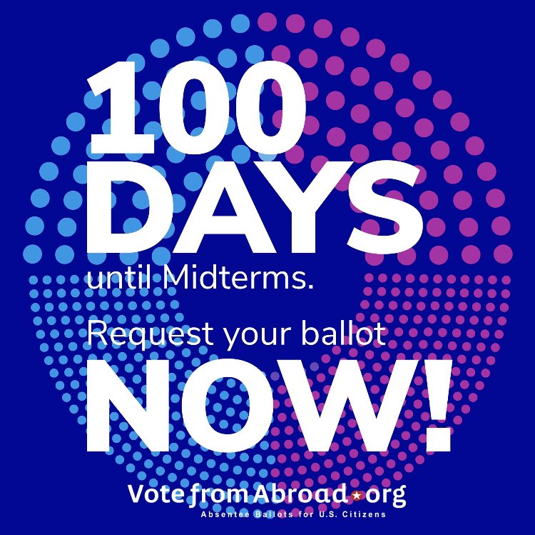 DemsAbroadMX's tweet photo. #MidTerms2022 are in #100Days #RegisterToVote #RequestYourBallot NOW! #VoteFromAbroad https://t.co/wRcgRF028E