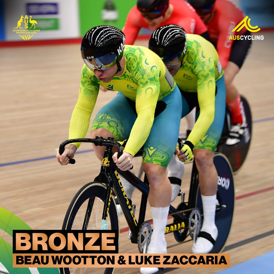 AusCyclingTeam's tweet photo. Bronzed Beau! 🥉 🇦🇺

An outstanding tandem sprint day from Beau Wootton and pilot @LukeZaccaria ends with a @birminghamcg22  bronze medal.

A great finish to Wootton’s @CommGamesAUS debut.

@AusCyclingAus · #BoldInGold · #B2022 https://t.co/FXR0JvQMx4