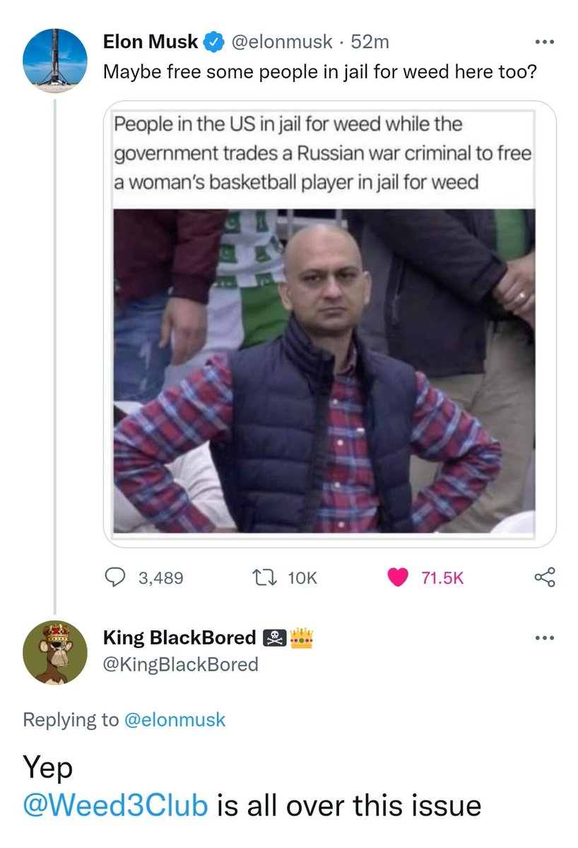 CryptoNFTs's tweet photo. How's this for timing @elonmusk?... NFTs got use cases and @KingBlackBored and @Weed3Club are showing that. https://t.co/UIRvVt4z7Z